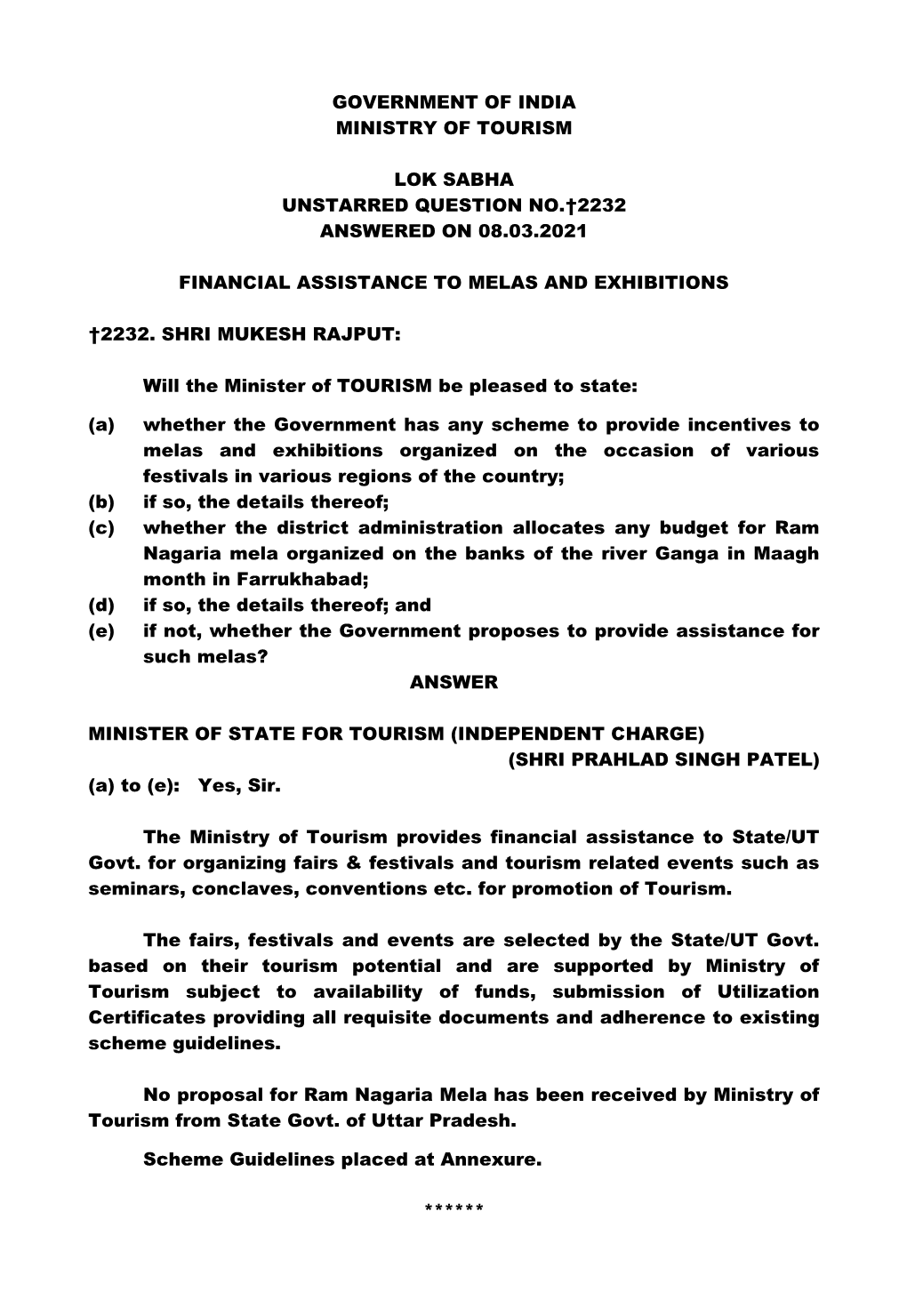 Government of India Ministry of Tourism Lok Sabha