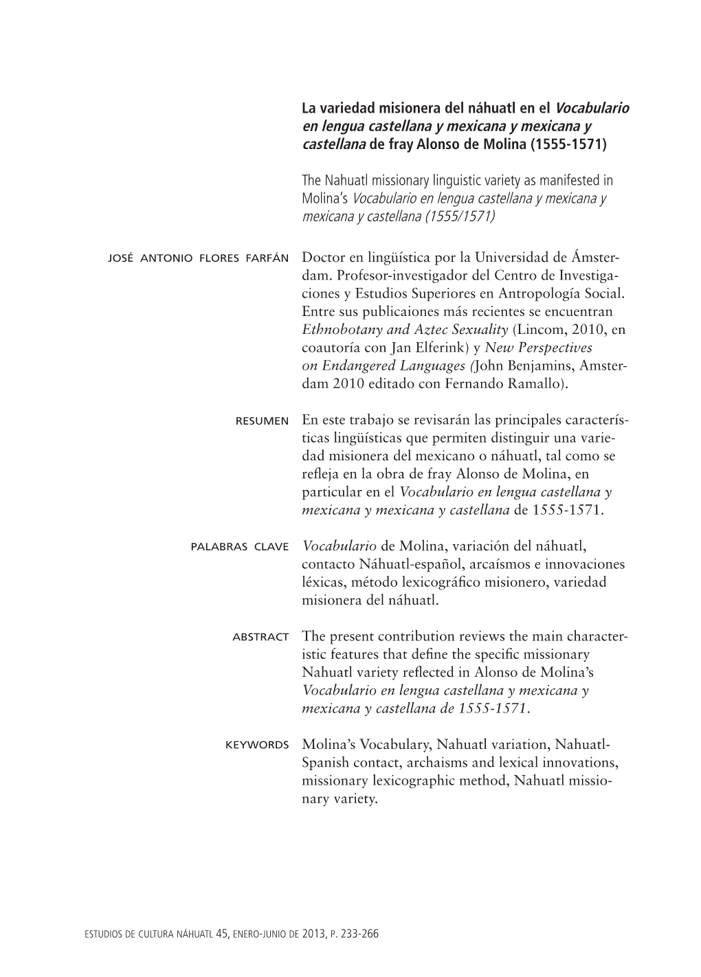 La Variedad Misionera Del Náhuatl En El Vocabulario En Lengua Castellana Y Mexicana Y Mexicana Y Castellana De Fray Alonso De Molina (1555-1571)