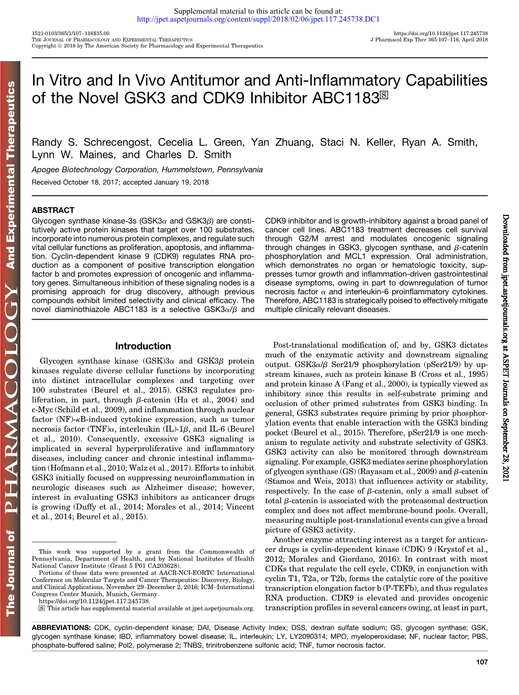 In Vitro and in Vivo Antitumor and Anti-Inflammatory Capabilities of the Novel GSK3 and CDK9 Inhibitor ABC1183 S