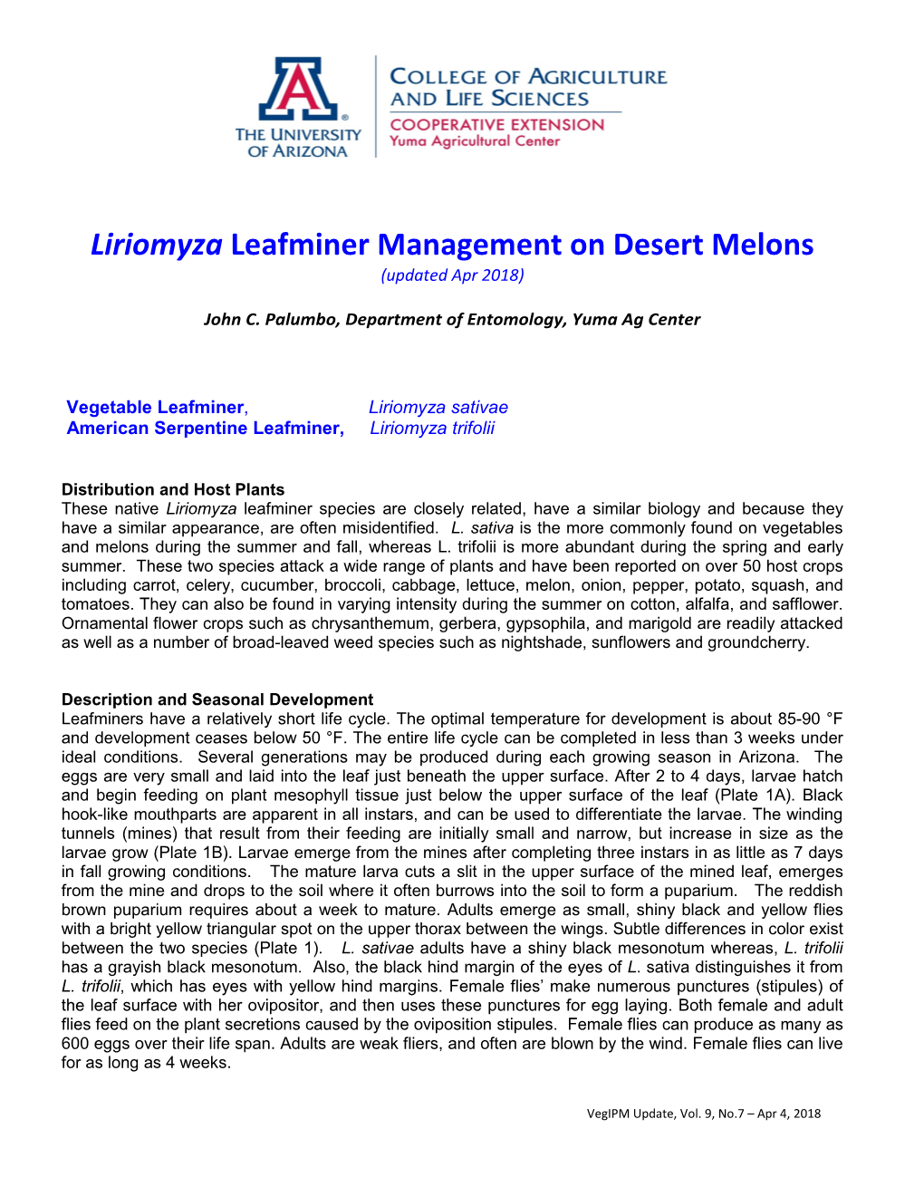 Liriomyza Leafminer Management on Desert Melons (Updated Apr 2018)