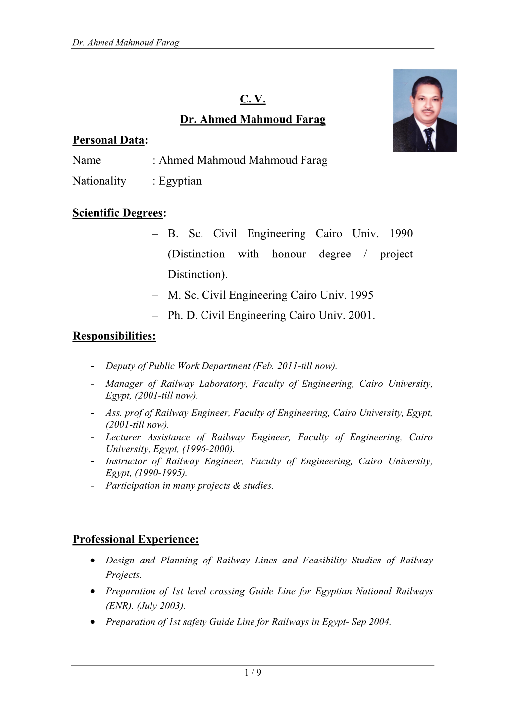 CV Dr. Ahmed Mahmoud Farag Personal Data