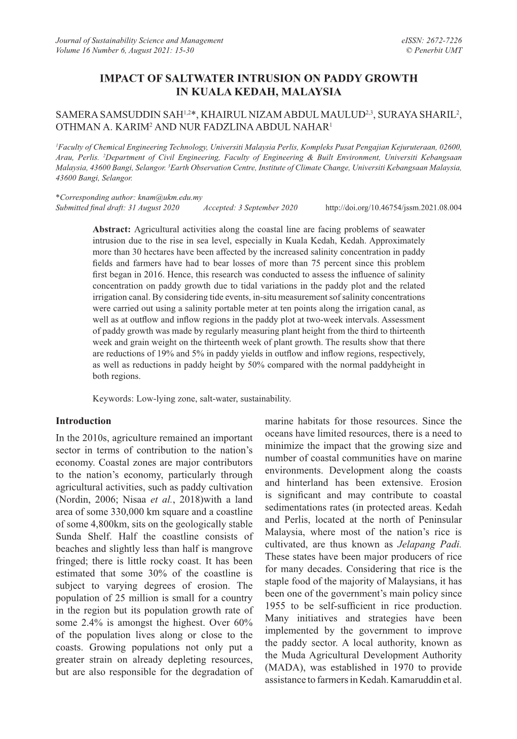 Impact of Saltwater Intrusion on Paddy Growth in Kuala Kedah, Malaysia