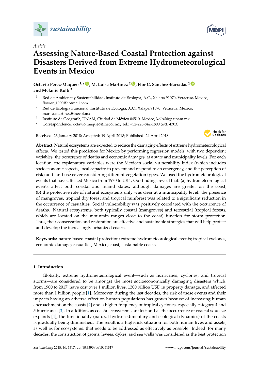 Assessing Nature-Based Coastal Protection Against Disasters Derived from Extreme Hydrometeorological Events in Mexico