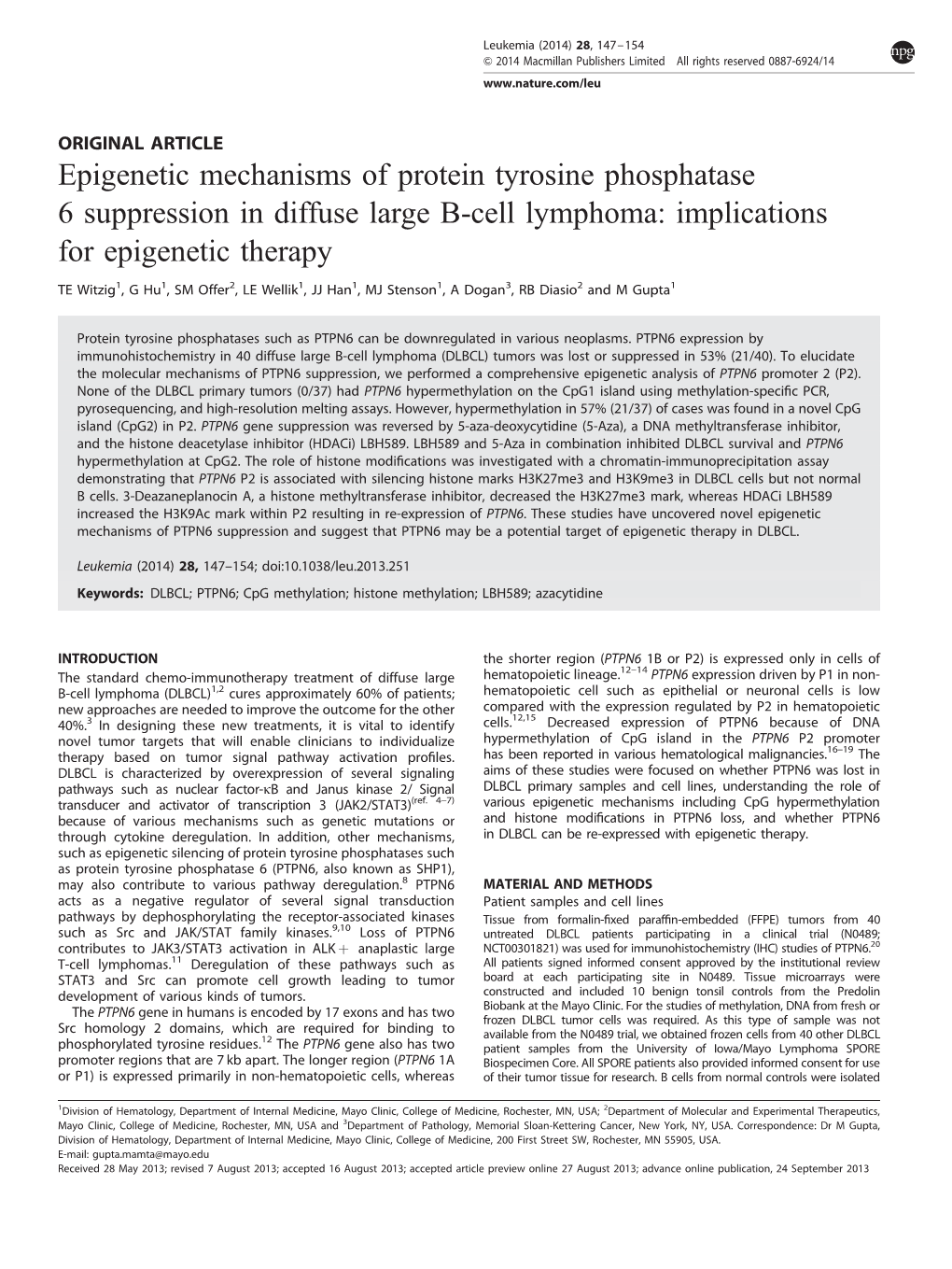 Epigenetic Mechanisms of Protein Tyrosine Phosphatase 6 Suppression in Diffuse Large B-Cell Lymphoma: Implications for Epigenetic Therapy