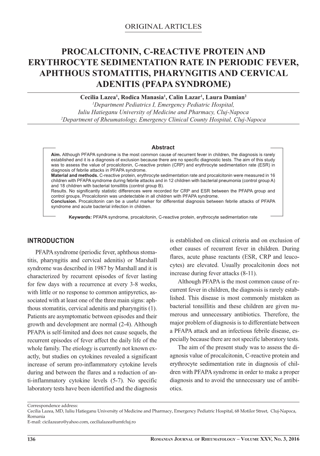 Procalcitonin, C-Reactive Protein and Erythrocyte