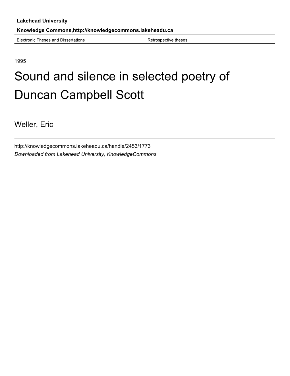 Sound and Silence in Selected Poetry of Duncan Campbell Scott