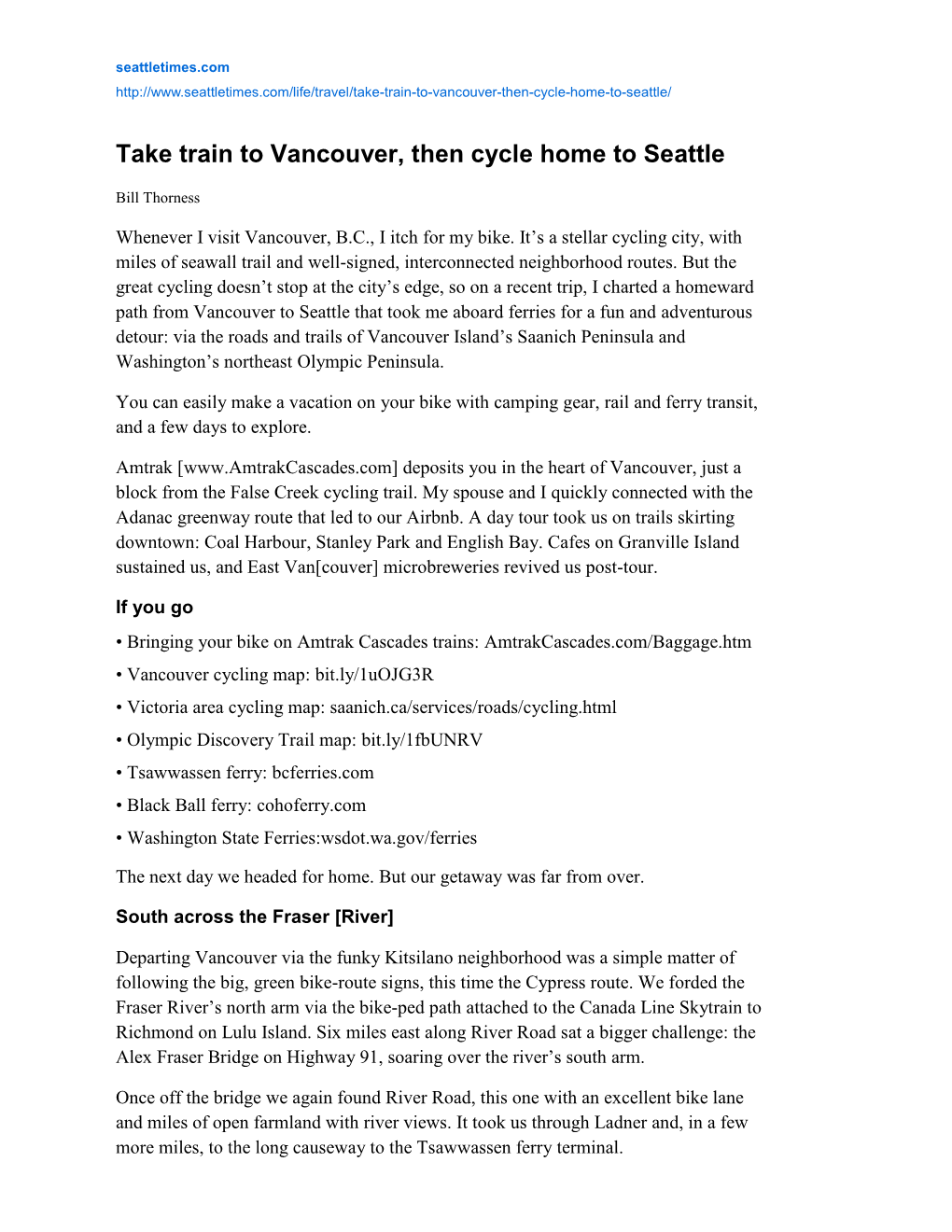 Take Train to Vancouver, Then Cycle Home to Seattle