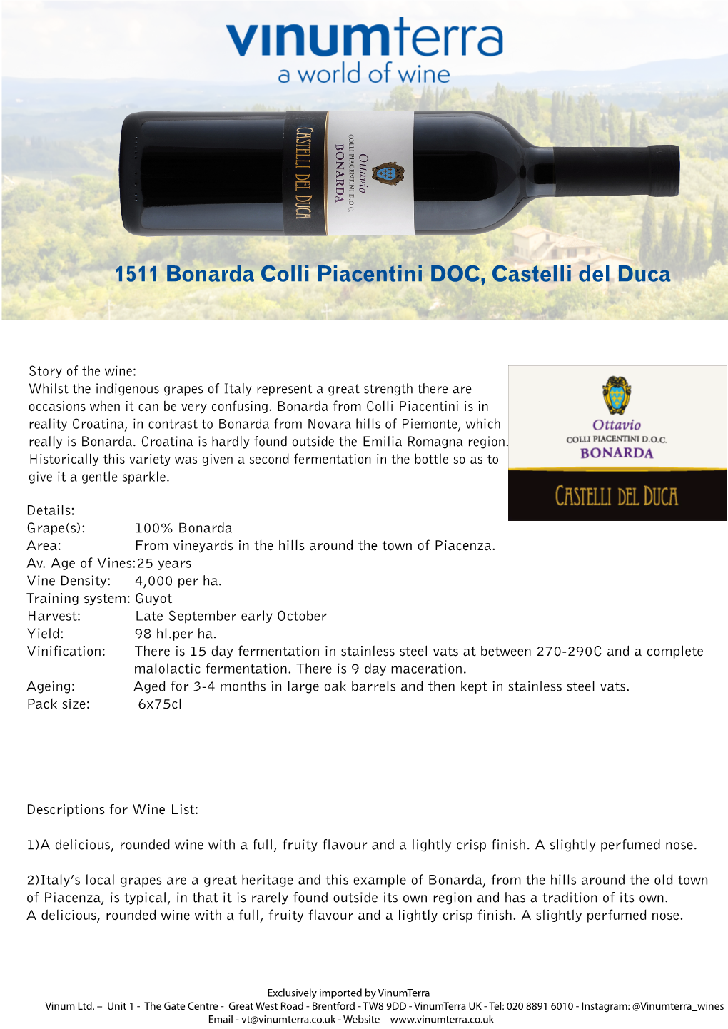 1511 Bonarda Colli Piacentini DOC, Castelli Del Duca 75Cl Info