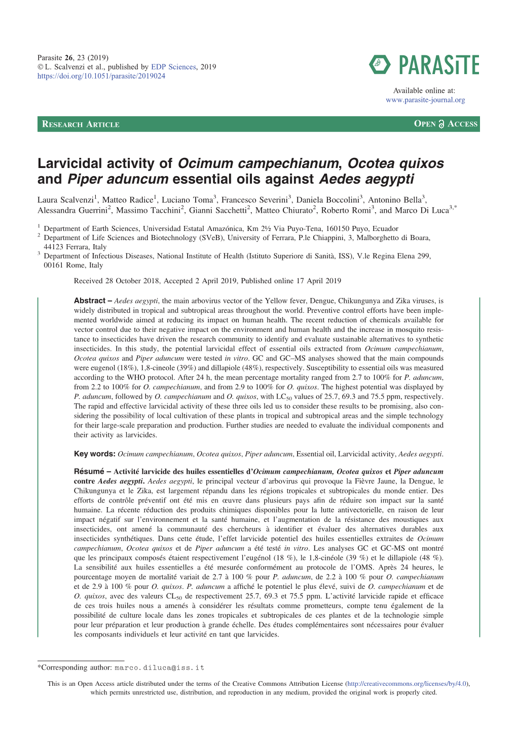 Larvicidal Activity of Ocimum Campechianum, Ocotea Quixos and Piper Aduncum Essential Oils Against Aedes Aegypti