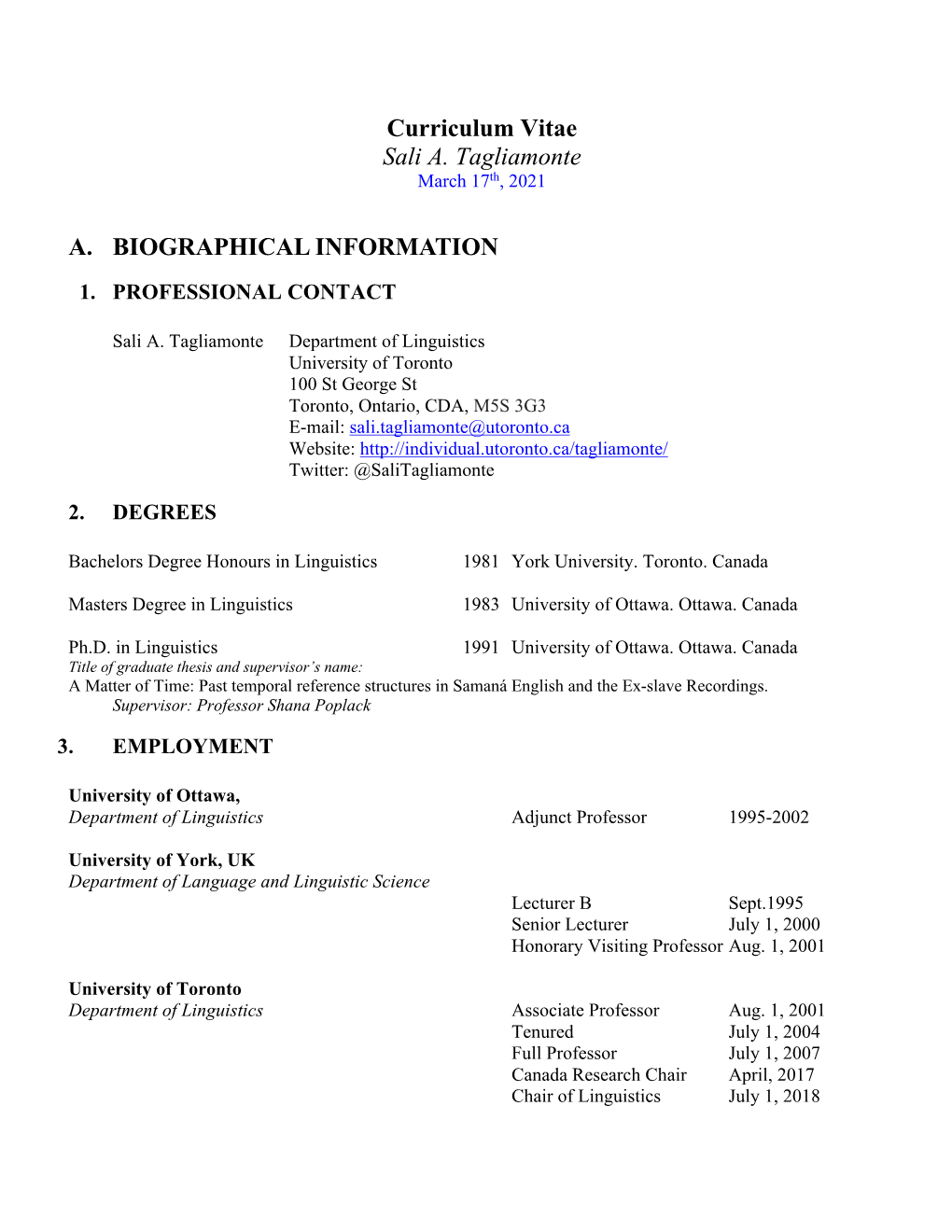 Curriculum Vitae Sali A. Tagliamonte March 17Th, 2021