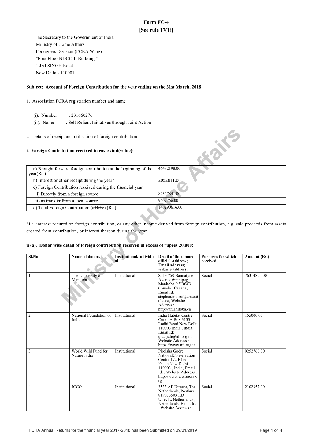 FC-4 Annual FCRA Return FY 2017-18