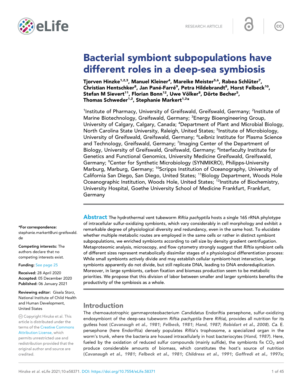 Bacterial Symbiont Subpopulations Have Different Roles in a Deep-Sea