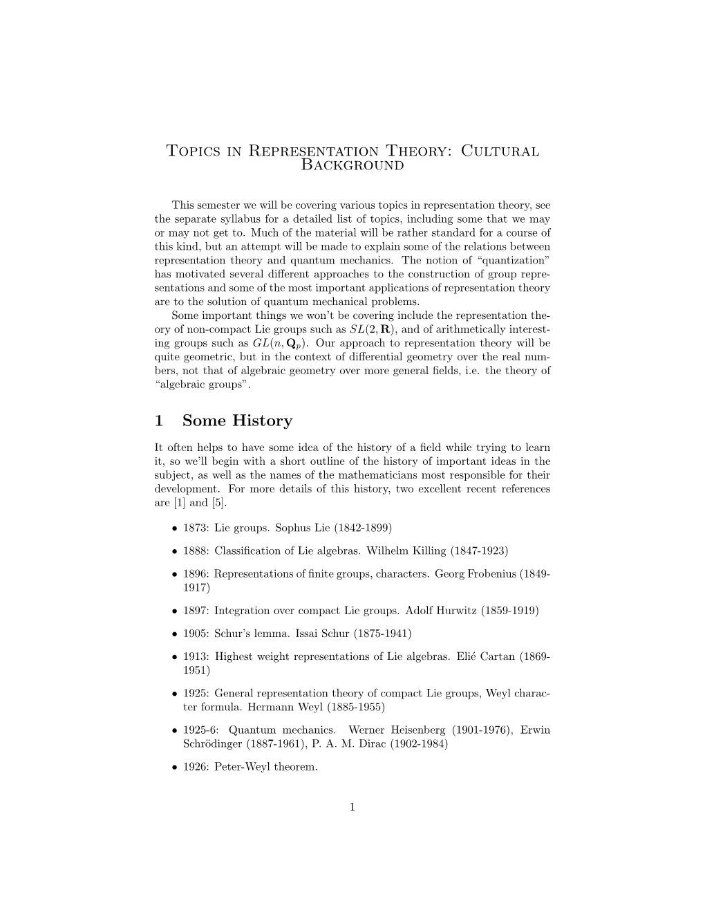 Topics in Representation Theory: Cultural Background 1 Some History