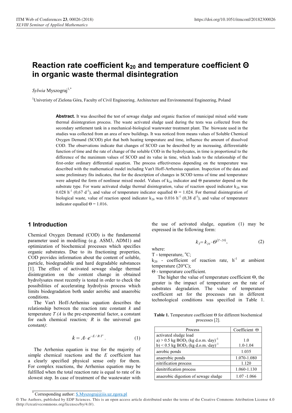 Reaction Rate Coefficient K20 and Temperature Coefficient Θ in Organic Waste Thermal Disintegration