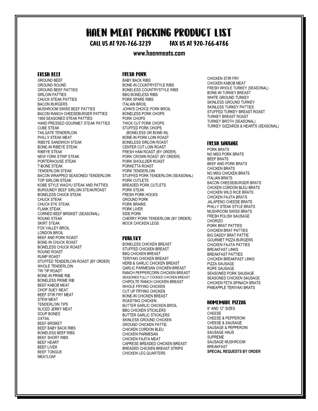 Haen Meat Packing Product List