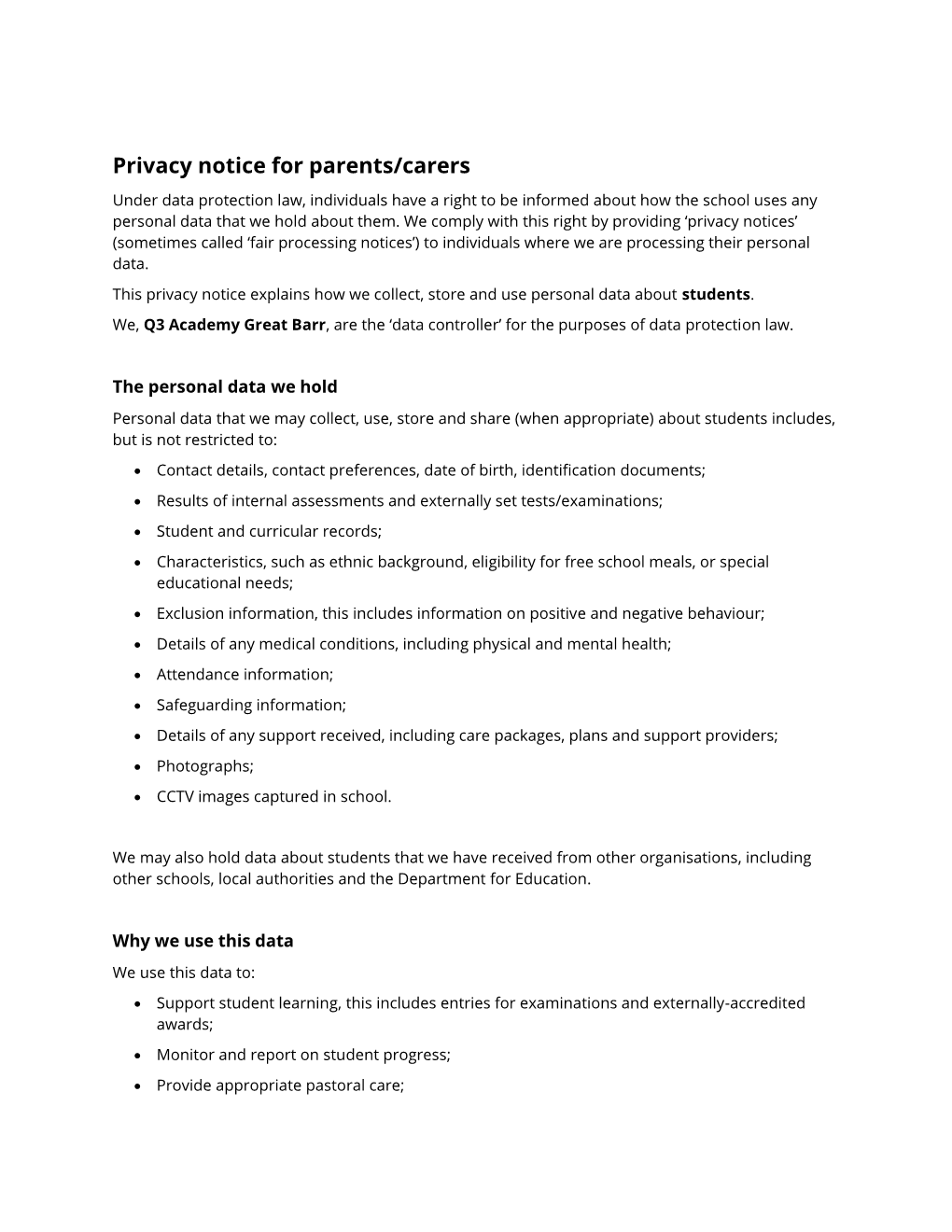 Privacy Notice for Parents/Carers
