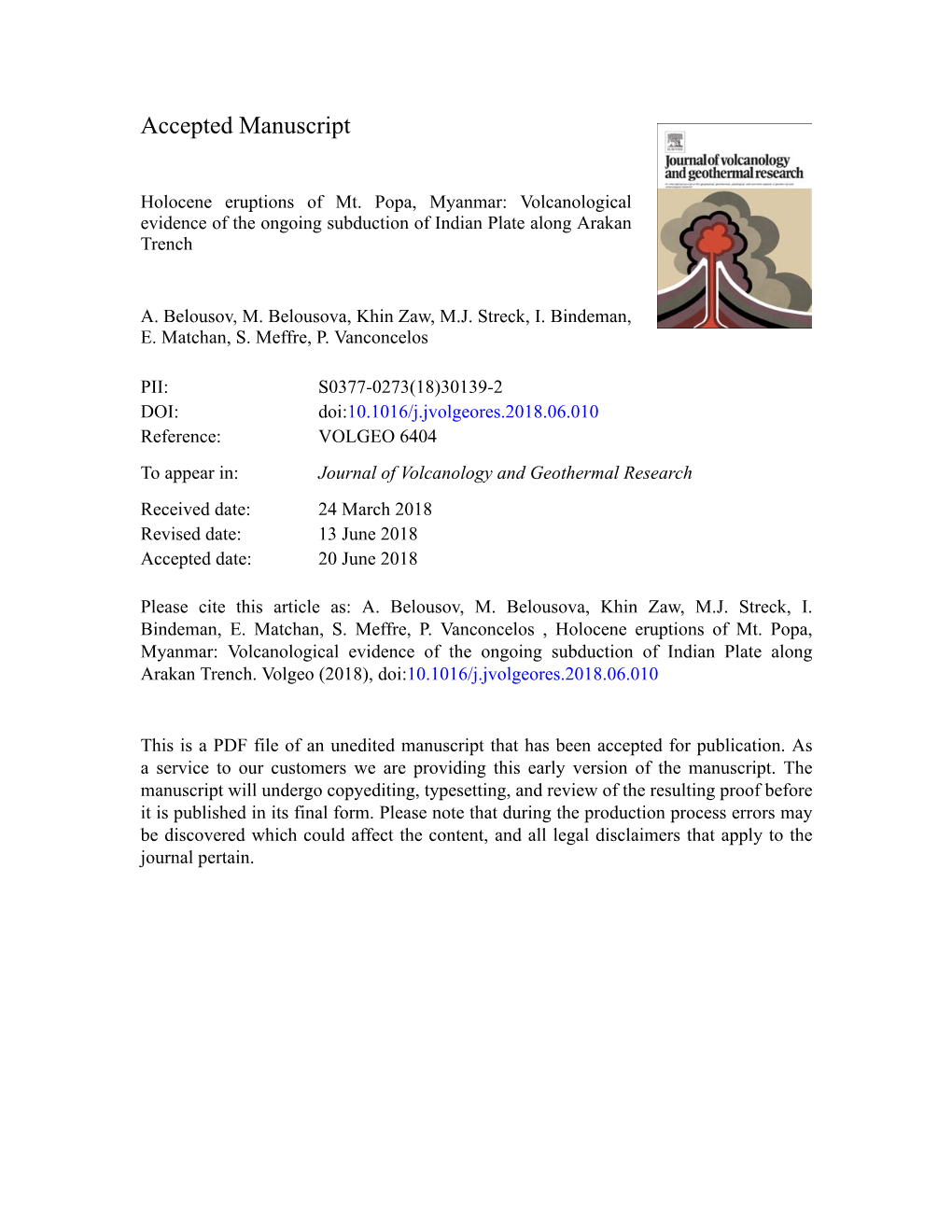 Holocene Eruptions of Mt. Popa, Myanmar: Volcanological Evidence of the Ongoing Subduction of Indian Plate Along Arakan Trench