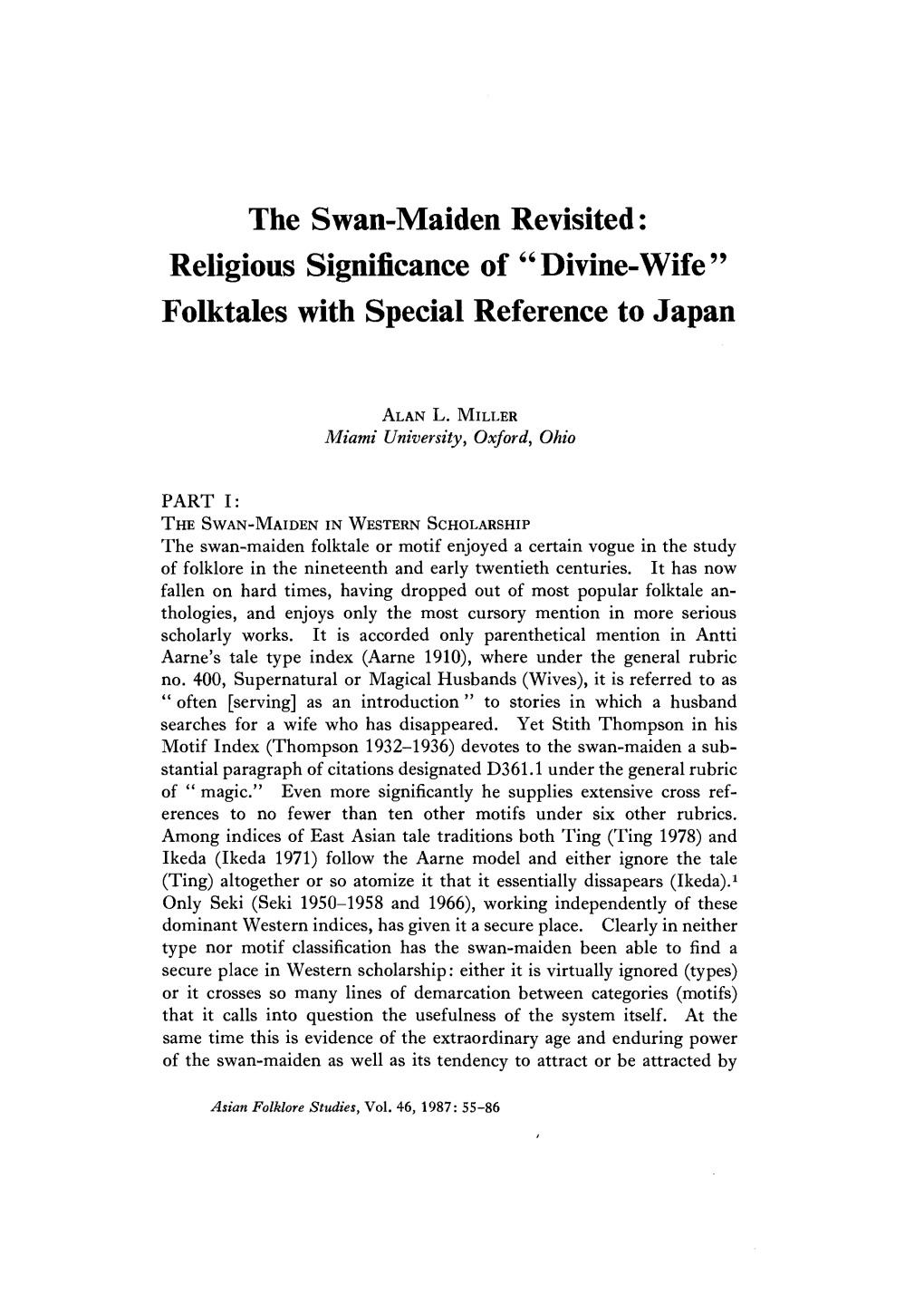 The Swan-Maiden Revisited: Religious Significance of “ Divine-Wife” Folktales with Special Reference to Japan