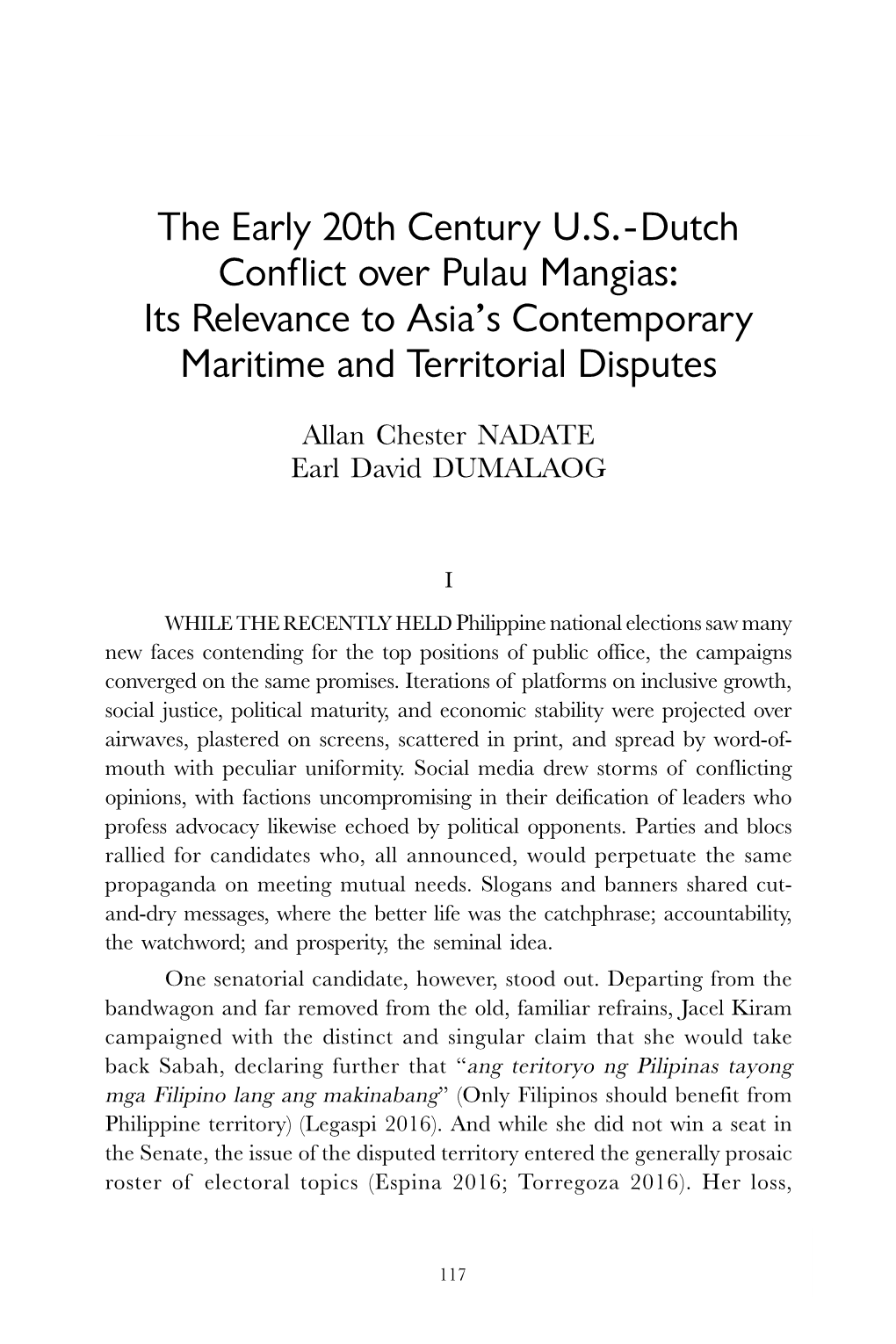 The Early 20Th-Century U.S.-Dutch Conflict Over Pulau Mangias: Its