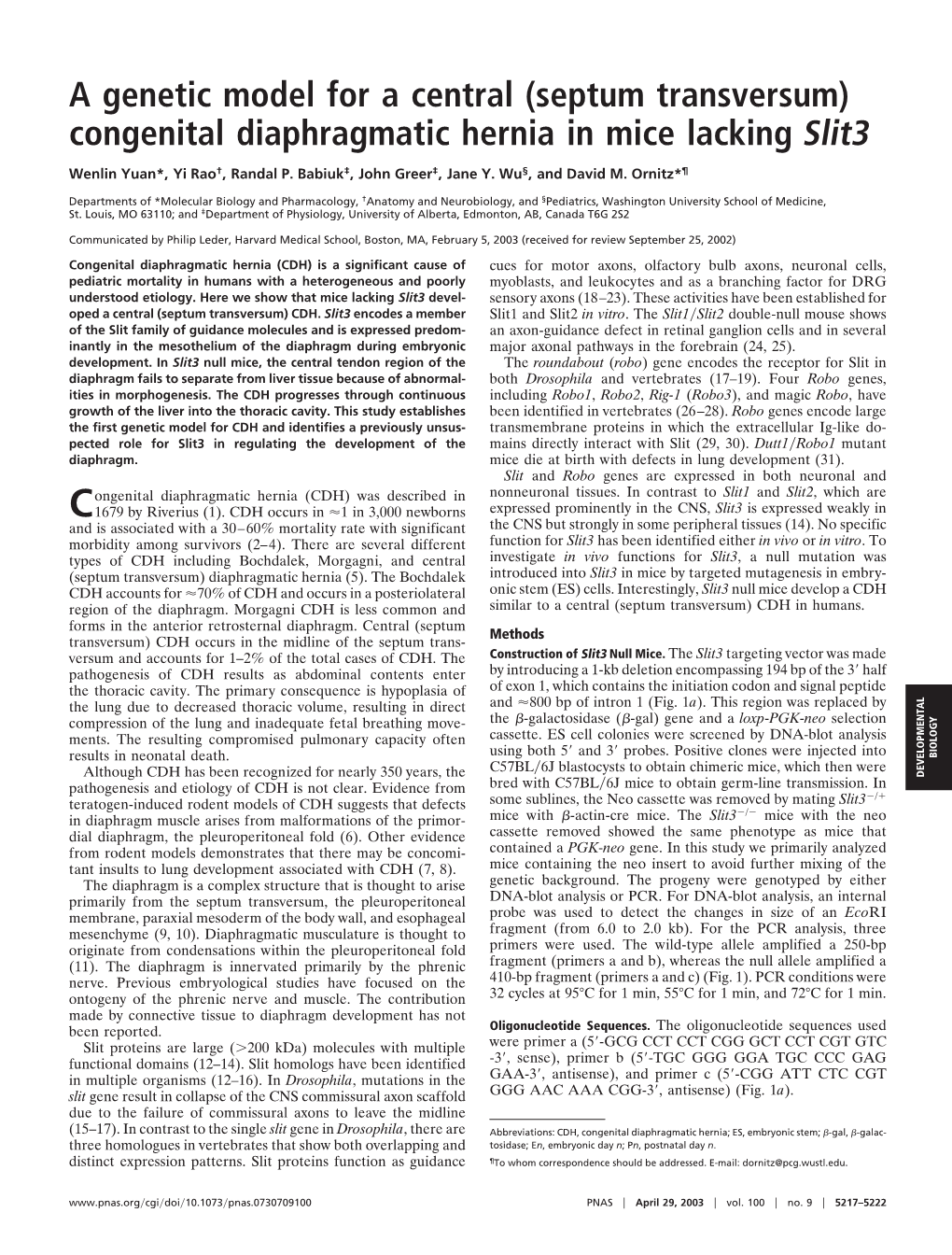 Septum Transversum) Congenital Diaphragmatic Hernia in Mice Lacking Slit3