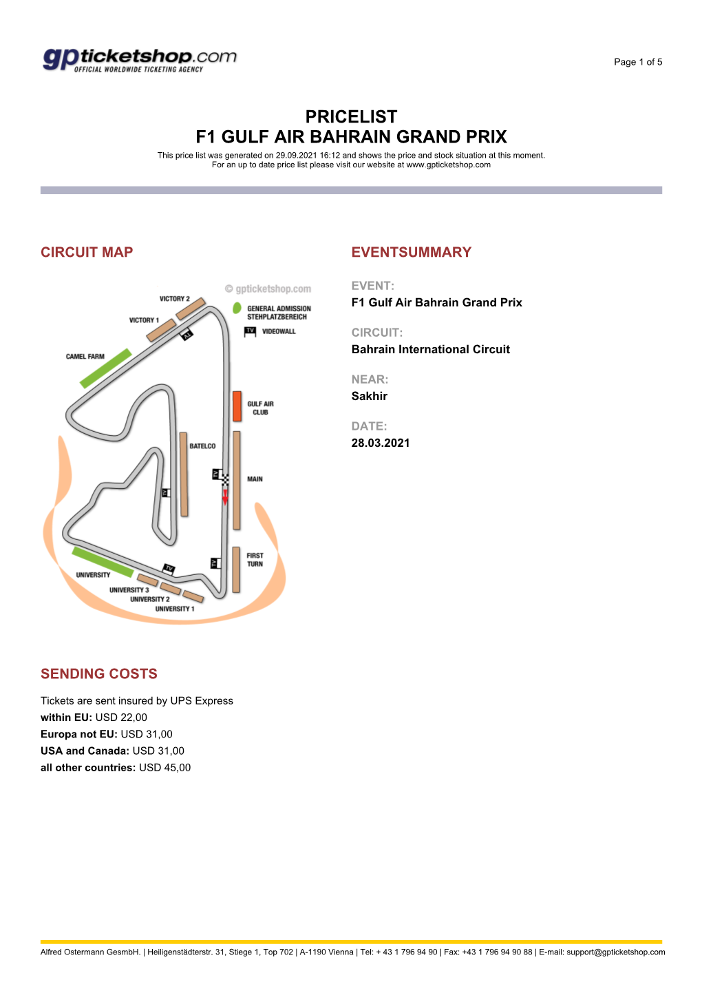 PRICELIST F1 GULF AIR BAHRAIN GRAND PRIX This Price List Was Generated on 29.09.2021 16:12 and Shows the Price and Stock Situation at This Moment