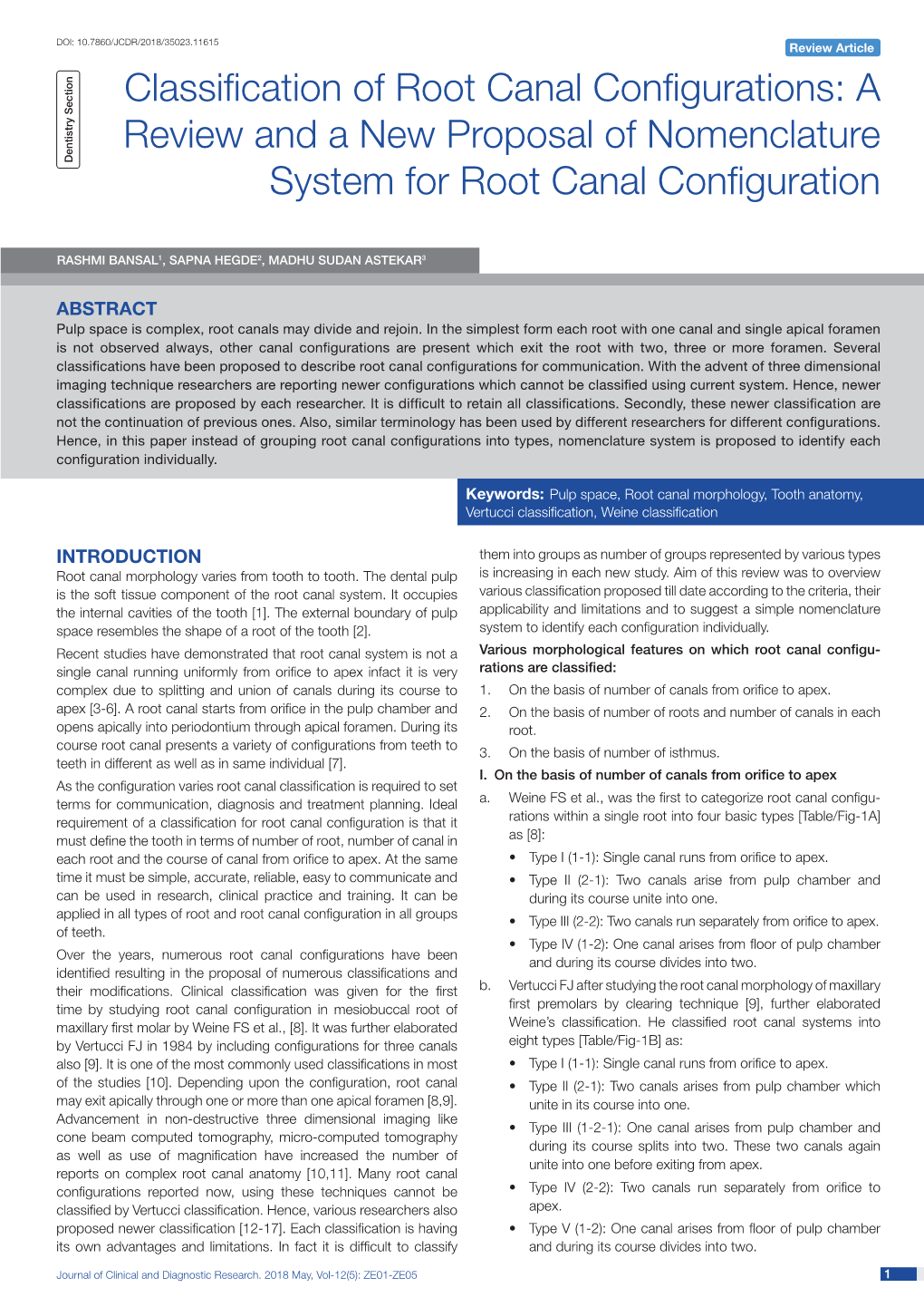 Classification of Root Canal Configurations: a Review and a New Proposal of Nomenclature Dentistry Section System for Root Canal Configuration