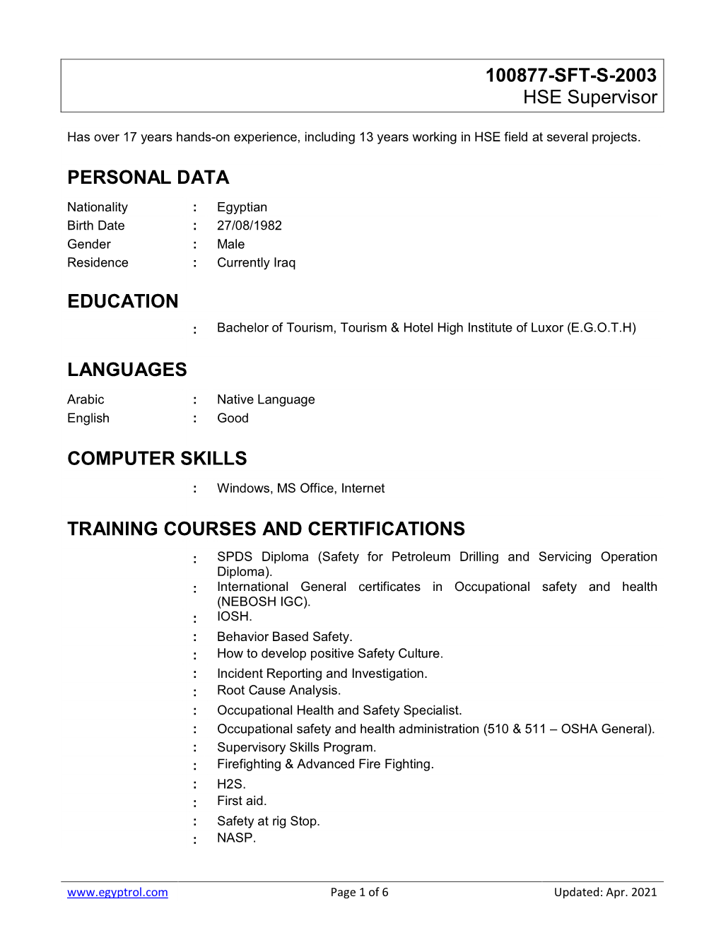 100877-SFT-S-2003 HSE Supervisor PERSONAL DATA