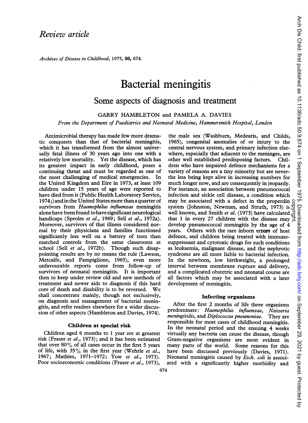 Bacterial Meningitis Some Aspects of Diagnosis and Treatment GARRY HAMBLETON and PAMELA A