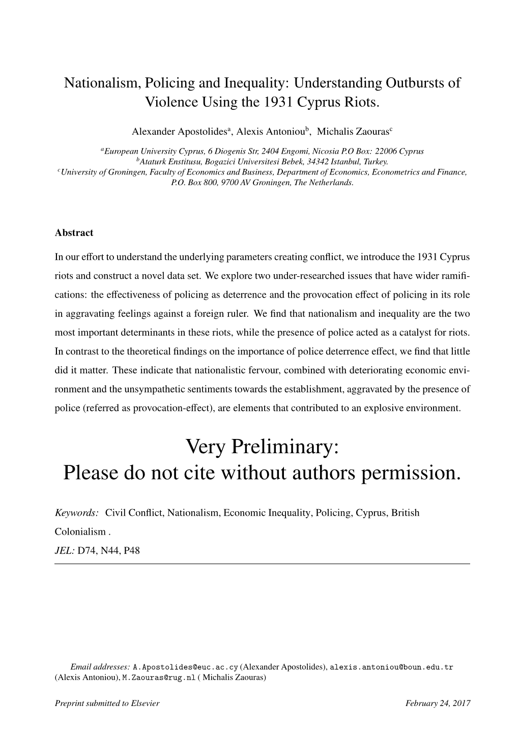 Nationalism, Policing and Inequality: Understanding Outbursts of Violence Using the 1931 Cyprus Riots