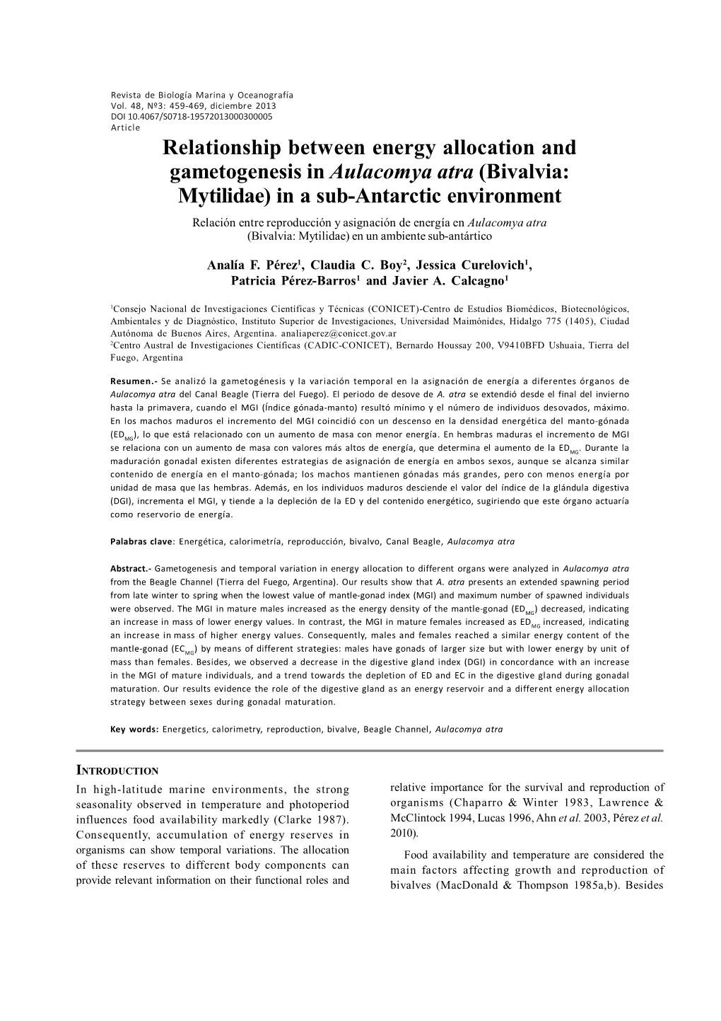 Relationship Between Energy Allocation and Gametogenesis In