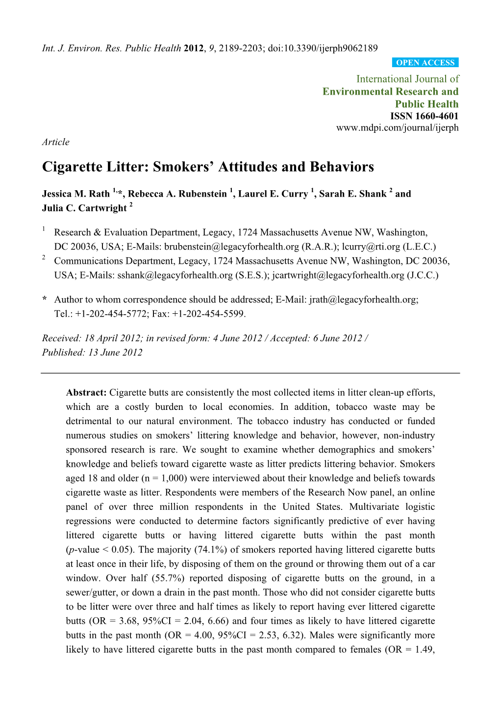 Cigarette Litter: Smokers' Attitudes and Behaviors