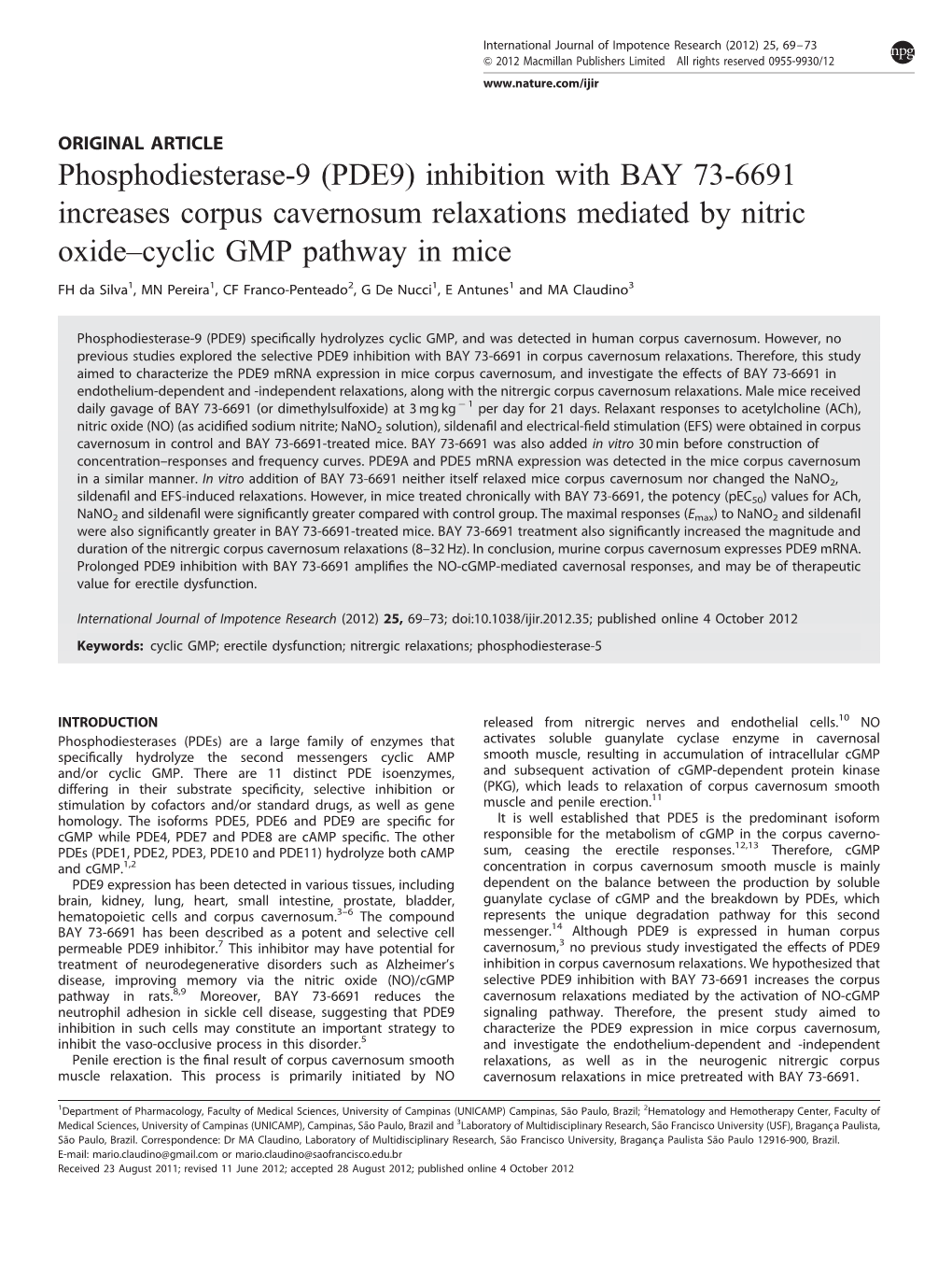 Phosphodiesterase-9 (PDE9) Inhibition with BAY 73-6691 Increases Corpus Cavernosum Relaxations Mediated by Nitric Oxide–Cyclic GMP Pathway in Mice