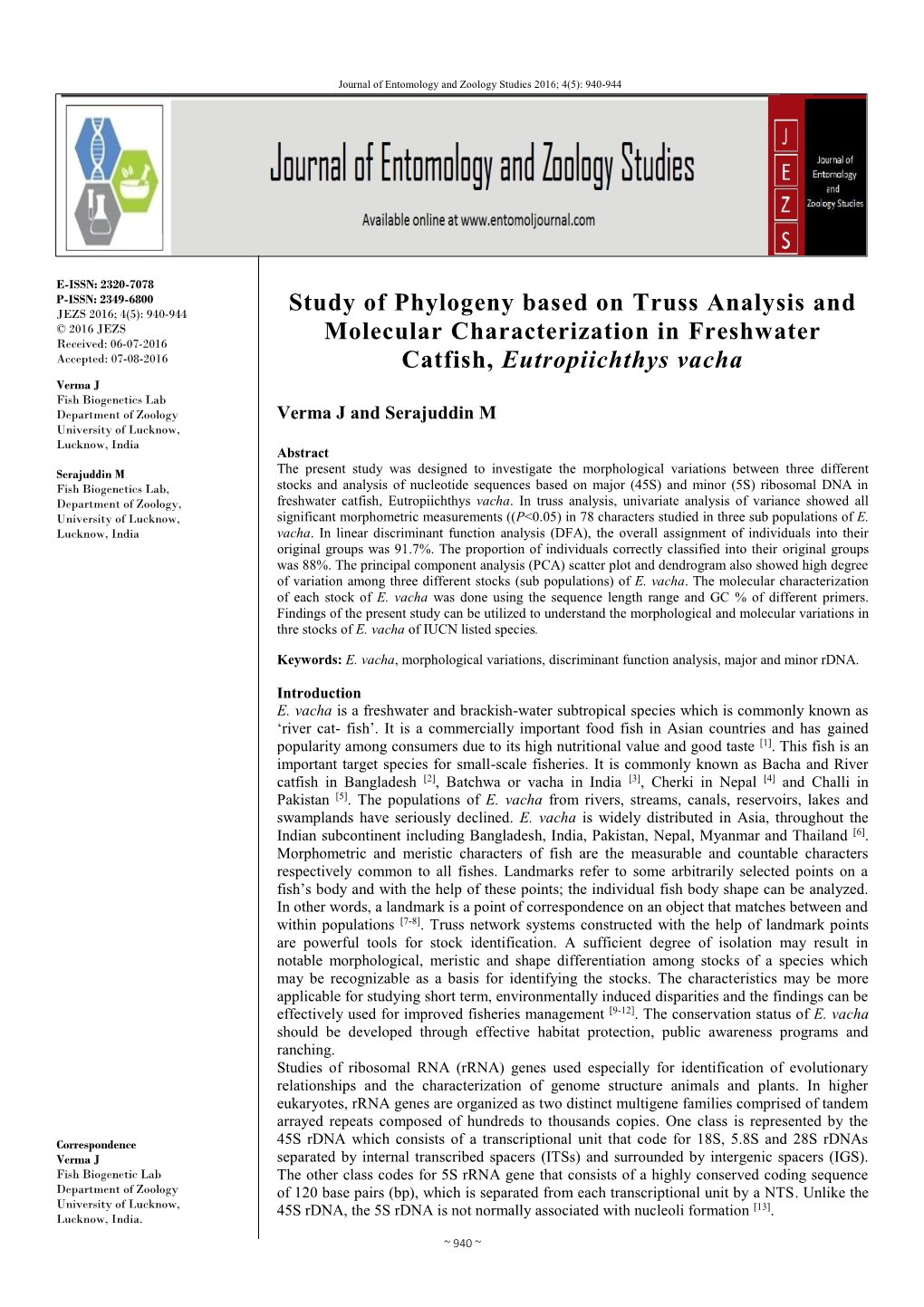 Study of Phylogeny Based on Truss Analysis and Molecular Characterization in Freshwater Catfish, Eutropiichthys Vacha
