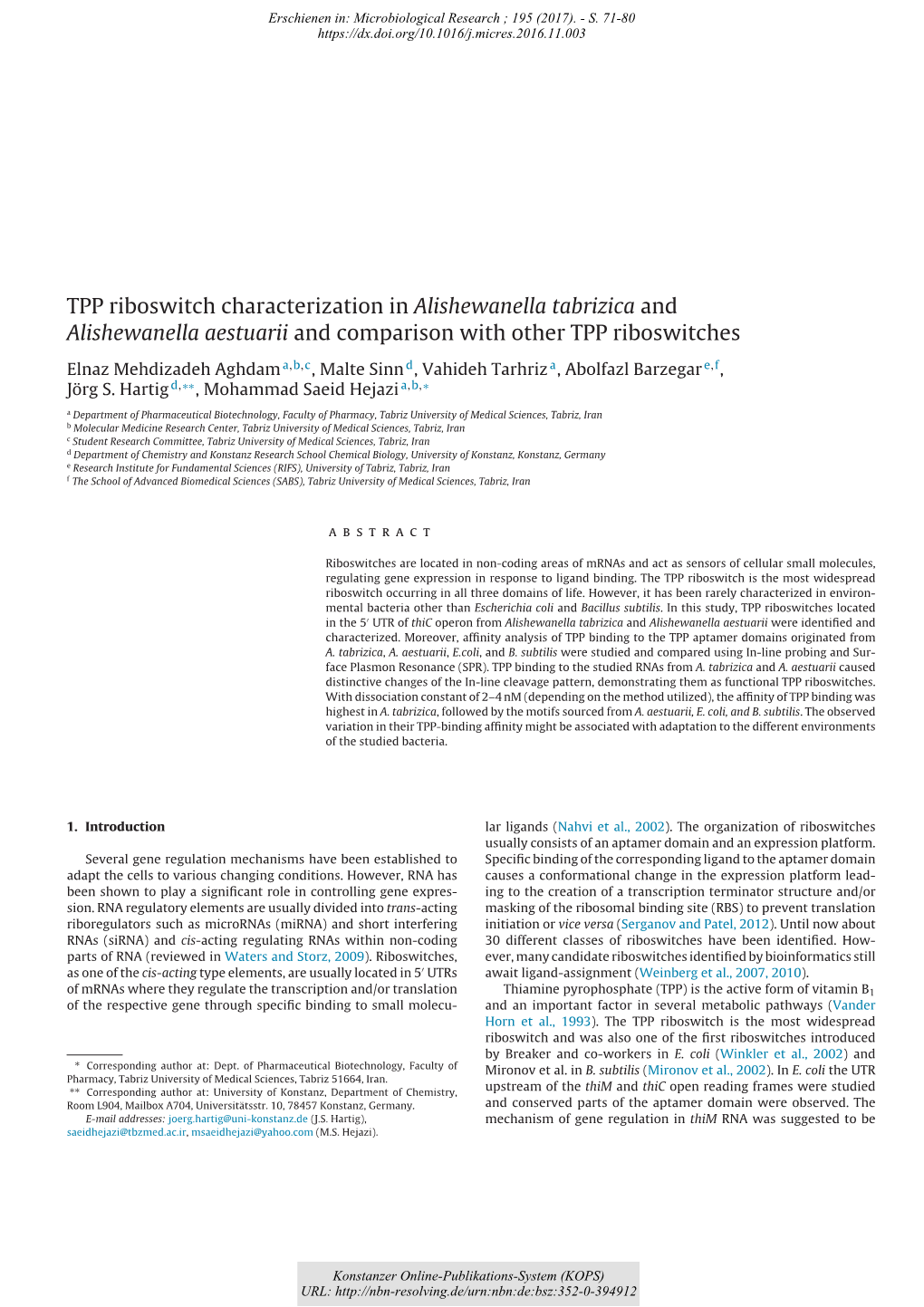 TPP Riboswitch Characterization in Alishewanella Tabrizica And