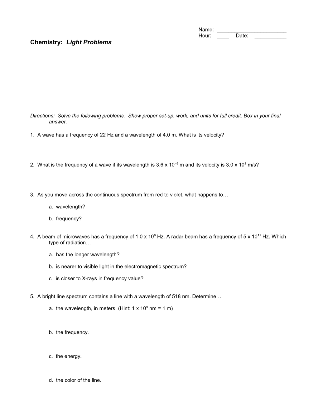 Chemistry: Light Problems