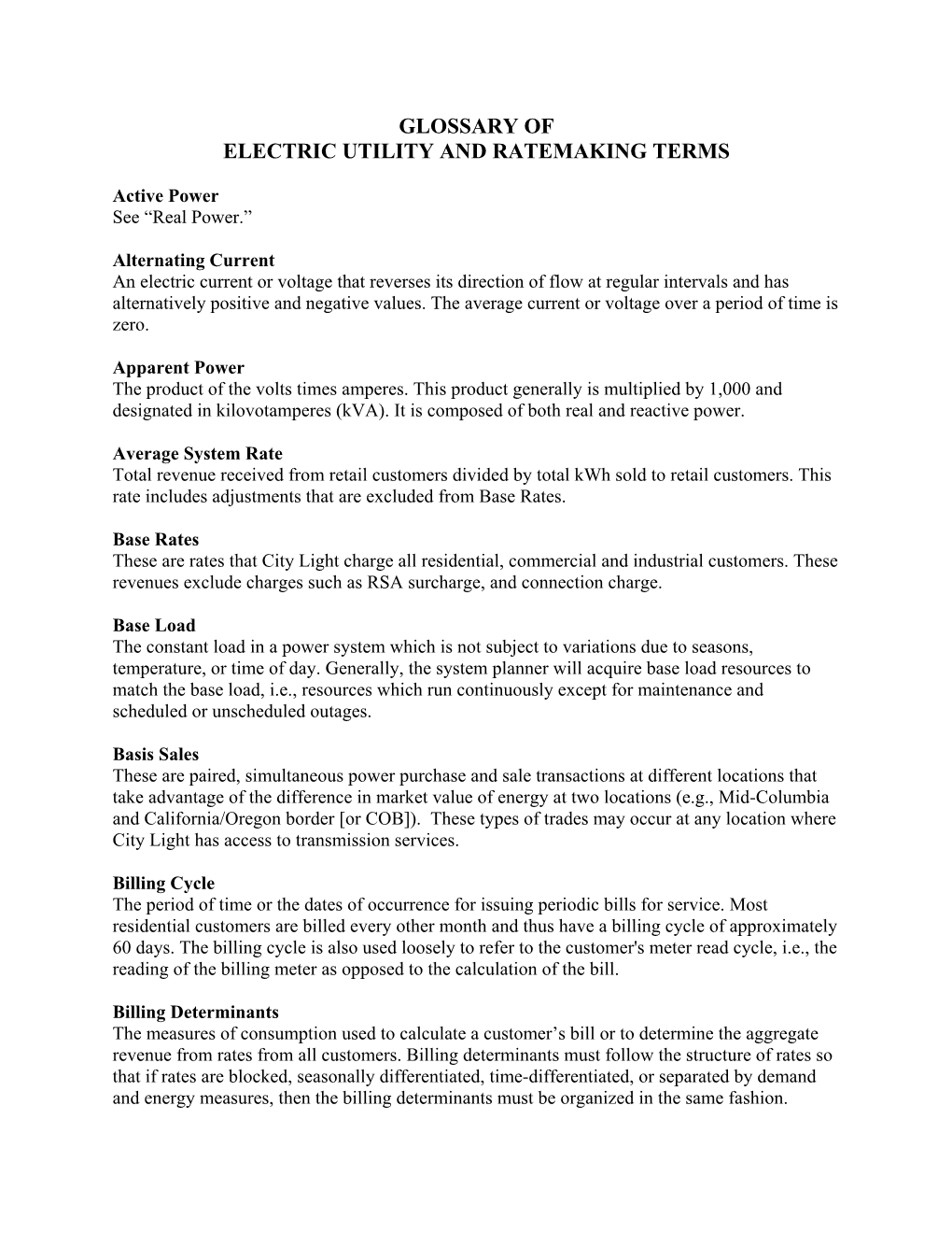 Glossary of Electric Utility and Ratemaking Terms