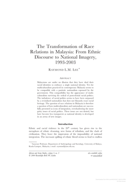 The Transformation of Race Relations in Malaysia: from Ethnic Discourse to National Imagery, 1993-2003