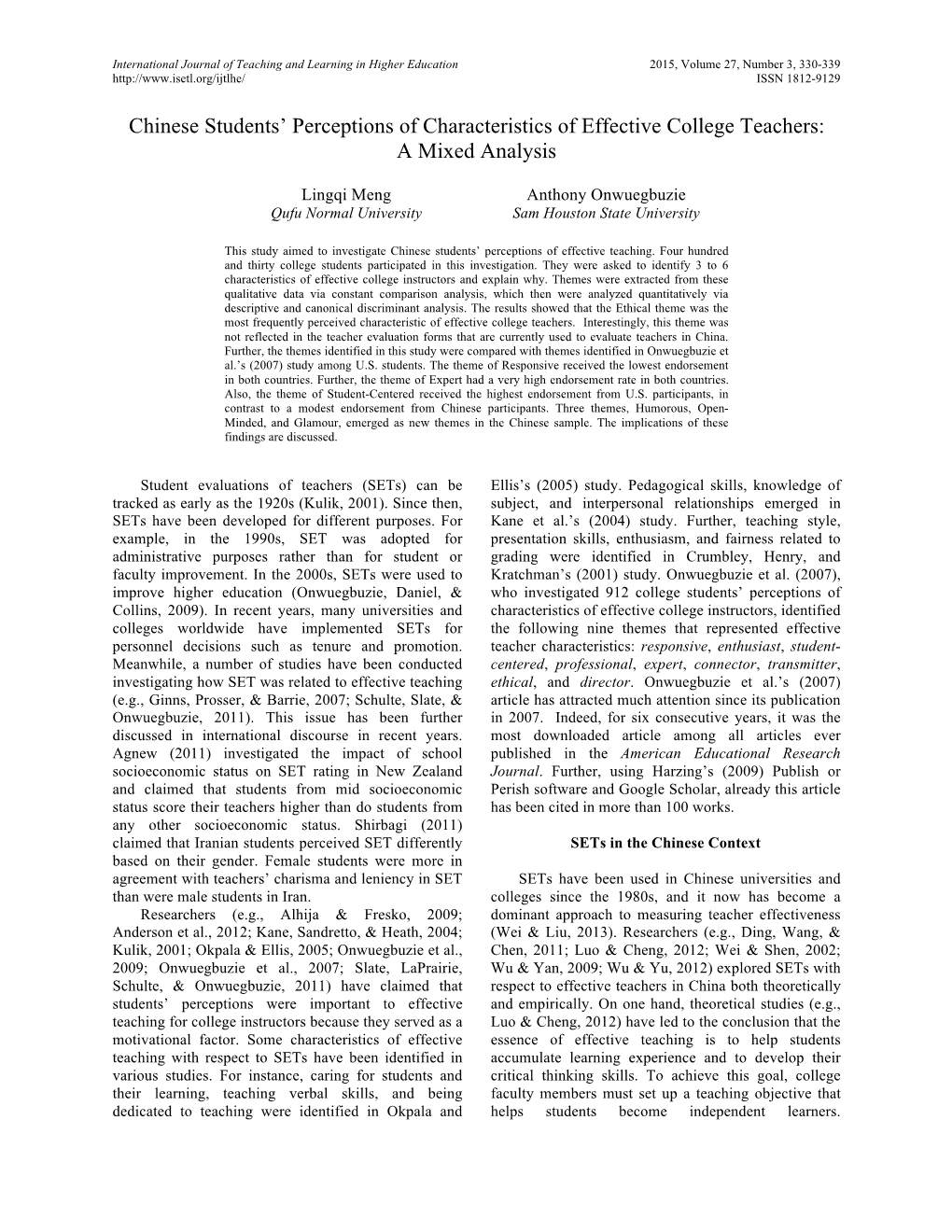 Chinese Students' Perceptions of Characteristics of Effective