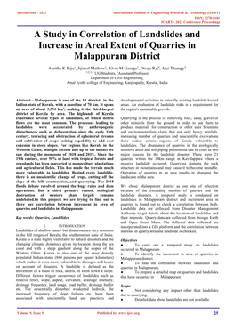 A Study in Correlation of Landslides and Increase in Areal Extent of Quarries in Malappuram District