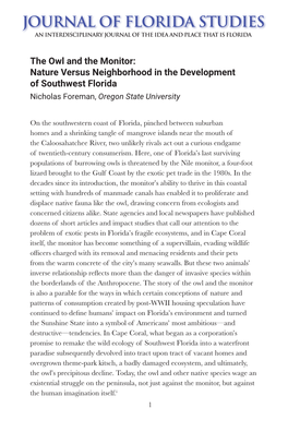 The Owl and the Monitor: Nature Versus Neighborhood in the Development of Southwest Florida Nicholas Foreman, Oregon State University