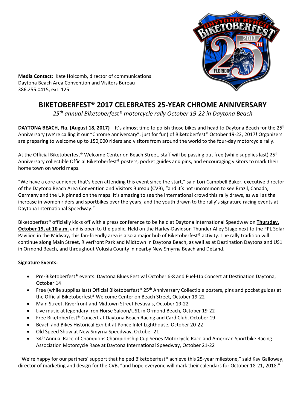 BIKETOBERFEST® 2017 CELEBRATES 25-YEAR CHROME ANNIVERSARY 25Th Annual Biketoberfest® Motorcycle Rally October 19-22 in Daytona Beach