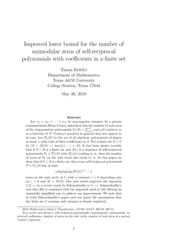 Improved Lower Bound for the Number of Unimodular Zeros of Self-Reciprocal Polynomials with Coefficients in a Finite