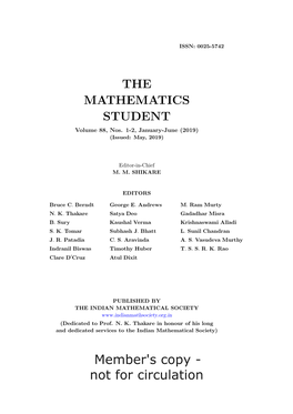 Member's Copy - Not for Circulation the MATHEMATICS STUDENT Edited by M