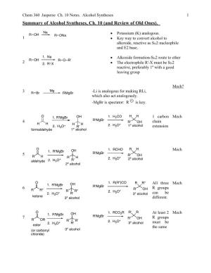 Summary of Alcohol Syntheses, Ch. 10 (And Review of Old Ones)