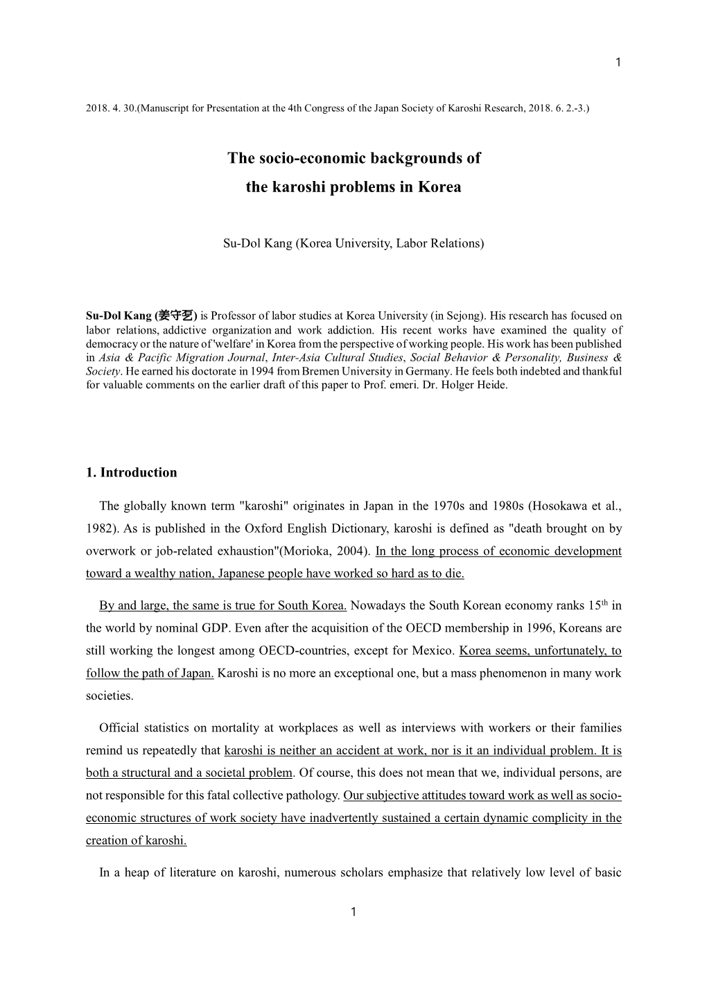 The Socio-Economic Backgrounds of the Karoshi Problems in Korea