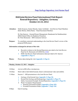 DGR Joint Review Panel International Visit Report Konrad Repository ‐ Salzgitter, Germany October 22-23, 2012