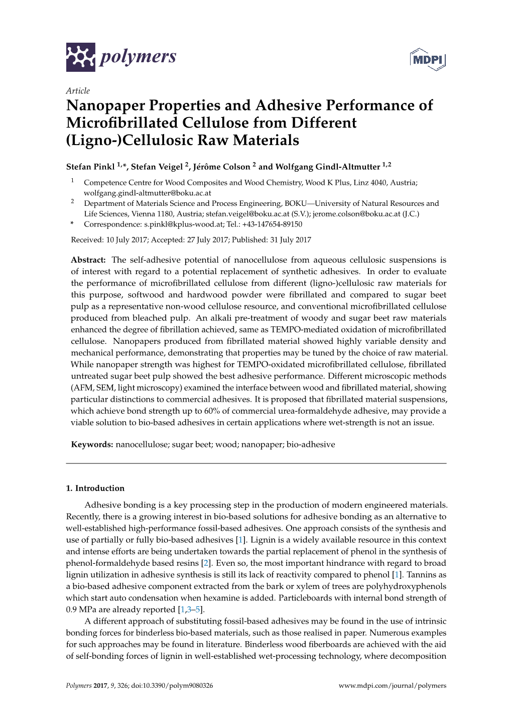 Nanopaper Properties and Adhesive Performance of Microﬁbrillated Cellulose from Different (Ligno-)Cellulosic Raw Materials