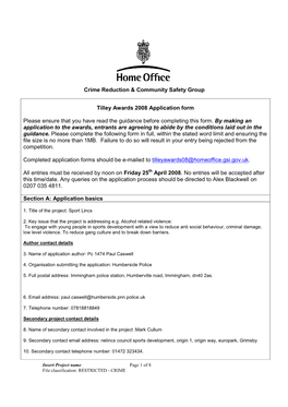 Crime Reduction & Community Safety Group Tilley Awards 2008 Application Form Please Ensure That You Have Read the Guidance B