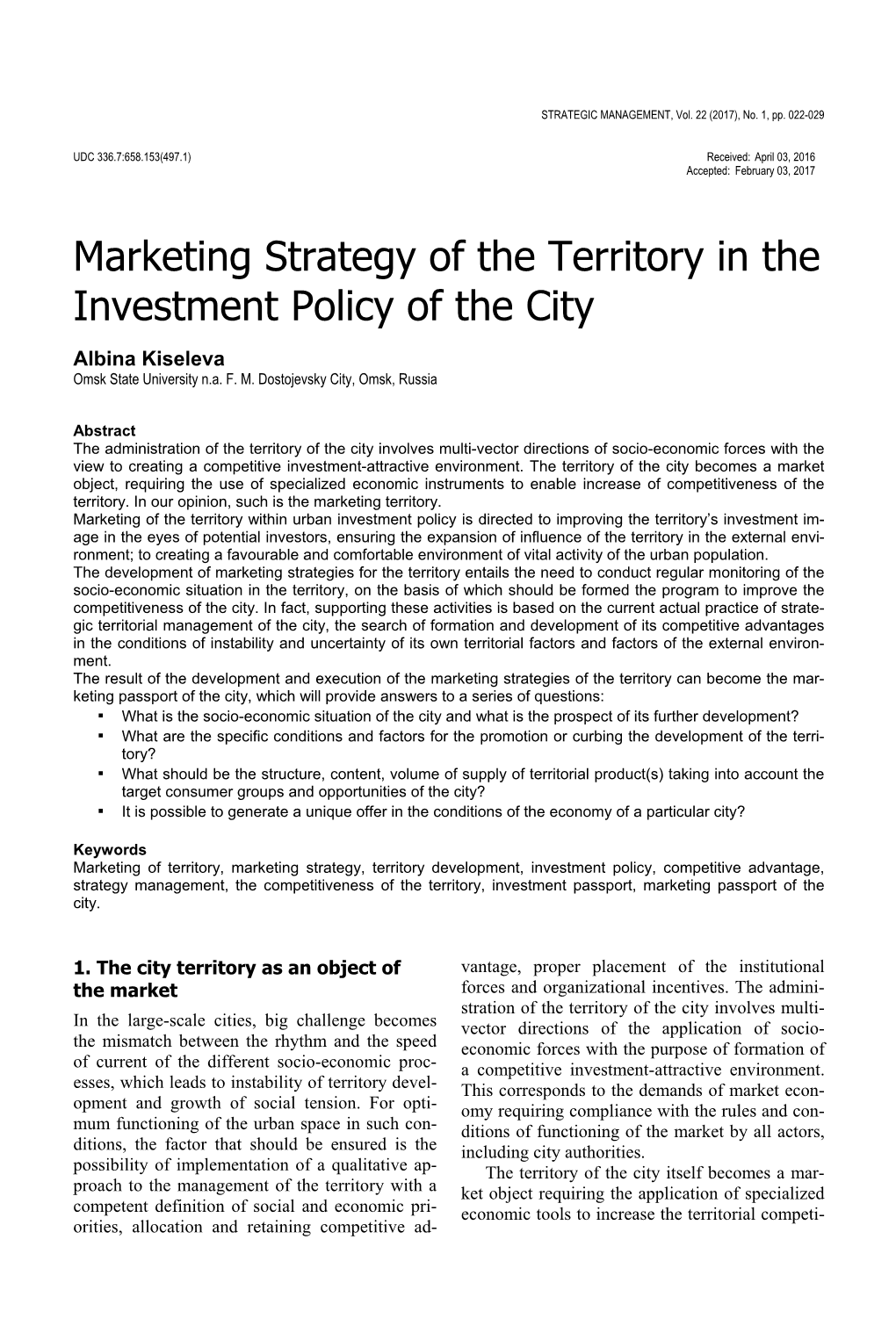 Marketing Strategy of the Territory in the Investment Policy of the City 23 Tiveness