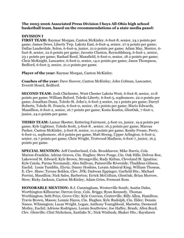 The 2005-2006 Associated Press Division I Boys All-Ohio High School Basketball Team, Based on the Recommendations of a State Media Panel
